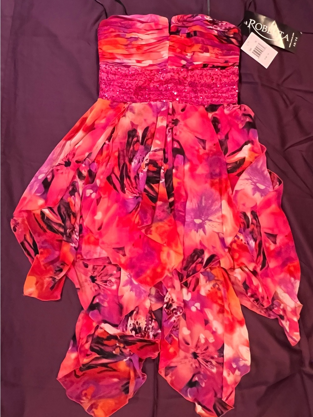 Roberta Bridal Pink & Fuchsia Strapless Floral Handkerchief Dress